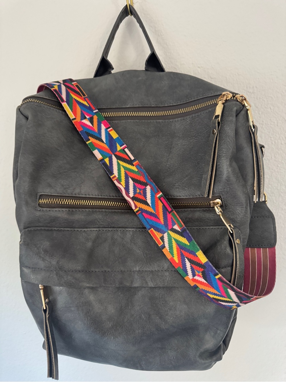 Modern+Chic Gray Women's Backpack with Colorful Woven Hobo Strap